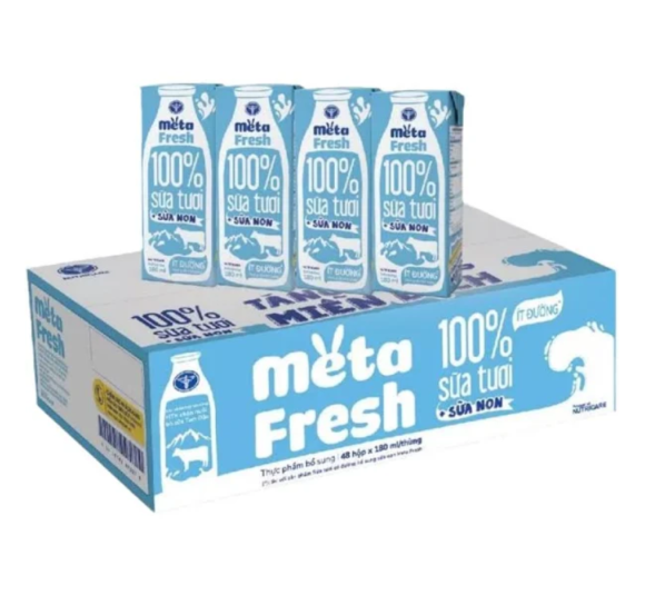Thùng 48 hộp sữa tươi tiệt trùng Meta Fresh ít đường 180ml 