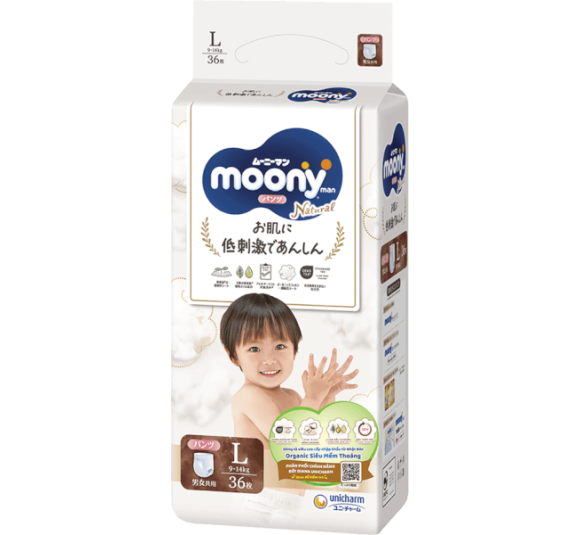 Bỉm tã quần Moony Natural size L 36 miếng (9-14kg) (giao bao bì ngẫu nhiên)