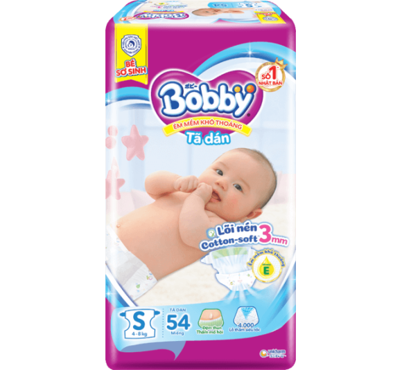 Tã dán Bobby siêu thấm - khô thoáng  (S, 4-8kg, 54 miếng) (giao bao bì ngẫu nhiên)
