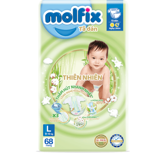 Bỉm tã dán Molfix Thiên Nhiên (L, 9-13kg, 68 miếng) (giao bao bì ngẫu nhiên)