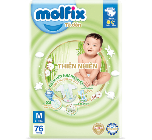 Bỉm tã dán Molfix Thiên Nhiên (M, 6-11kg, 76 miếng) (giao bao bì ngẫu nhiên)