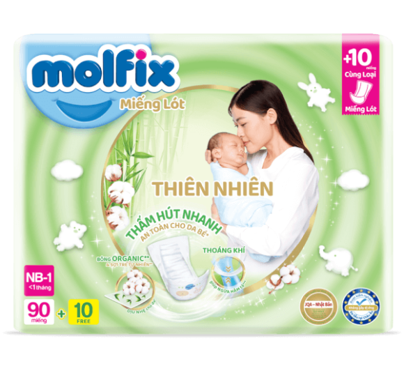 Miếng lót Molfix Thiên Nhiên (Newborn 1, < 1 tháng, 90 miếng + 10 miếng)