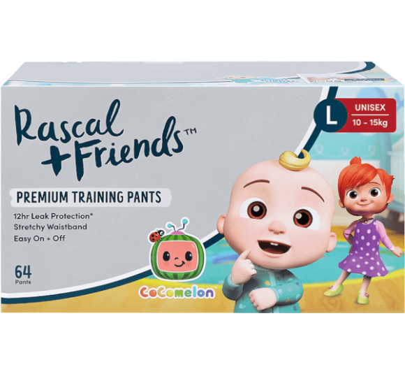 Thùng Tã quần Rascal + Friends CoComelon (L,10-15kg, 64 miếng) kèm sticker ngẫu nhiên