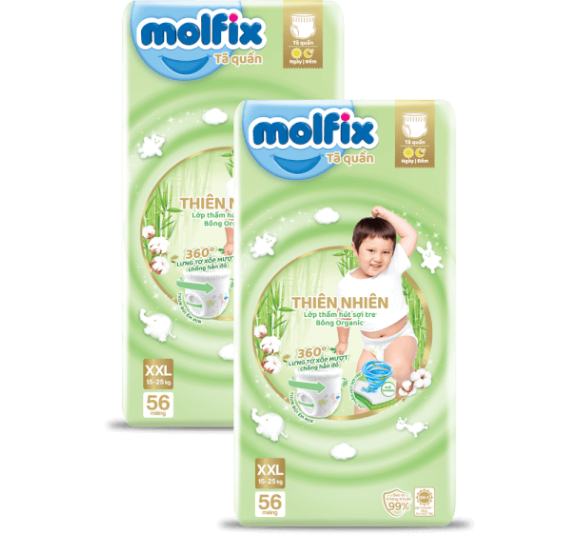 Combo 2 Tã quần Molfix Thiên Nhiên (XXL, 15 - 25kg, 56 miếng) (giao bao bì ngẫu nhiên)
