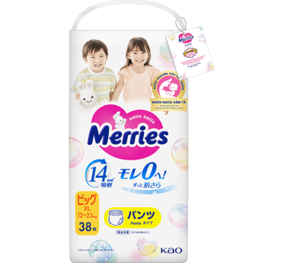 Tã quần Merries (XL, 12-22kg, 38 miếng) (giao bao bì ngẫu nhiên)