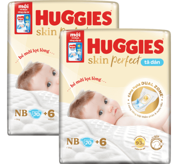 Combo 2 Tã dán lọt lòng Huggies Skin Perfect (Newborn, dưới 5kg, 70 miếng)