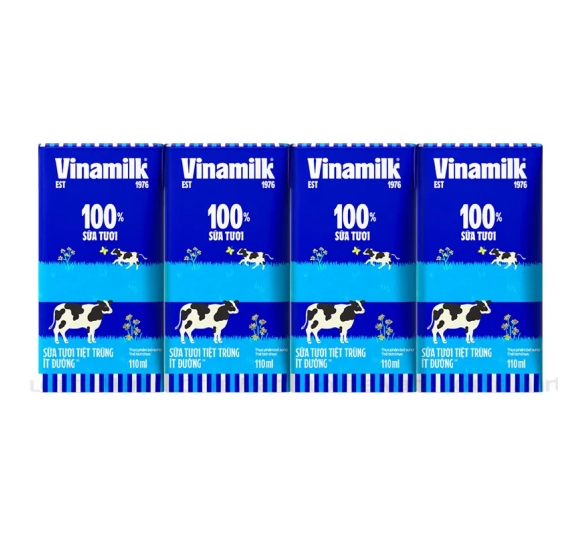 Sữa Tươi Tiệt Trùng Vinamilk 100% Ít Đường Lốc 4 Hộp 110ML 