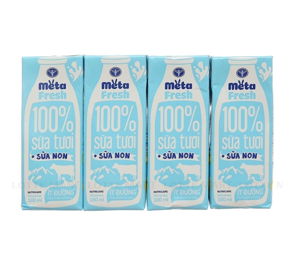 Sữa Tươi Bổ Sung Sữa Non Meta Fresh Ít Đường Lốc 4 Hộp 180ml 