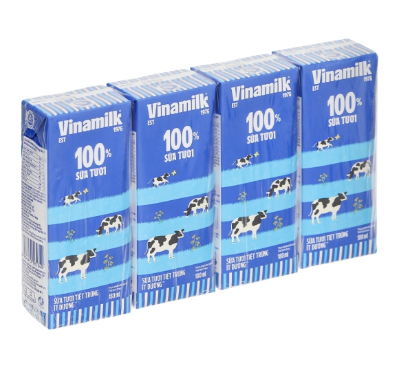 Lốc 4 hộp sữa tươi tiệt trùng ít đường Vinamilk 100% Sữa tươi 180ml