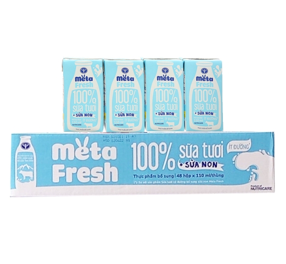 Thùng 48 hộp sữa tươi tiệt trùng Meta Fresh ít đường 110ml 
