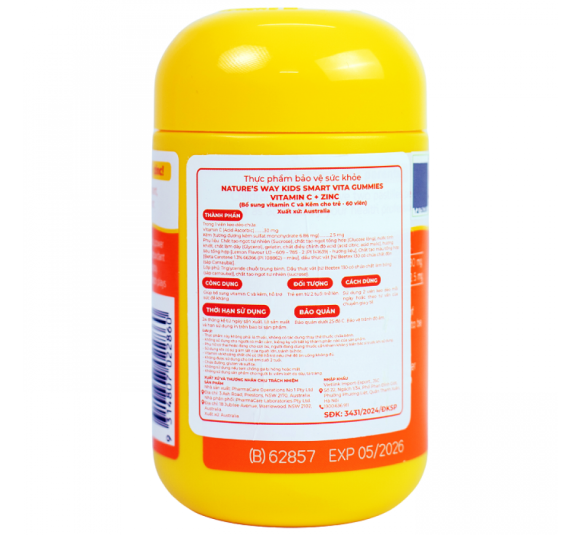 Kẹo dẻo bổ sung Vitamin C và Kẽm hỗ trợ tăng đề kháng Nature’s Way Kids Smart Vita Gummies Vitamin C + ZinC - Hộp 60 viên
