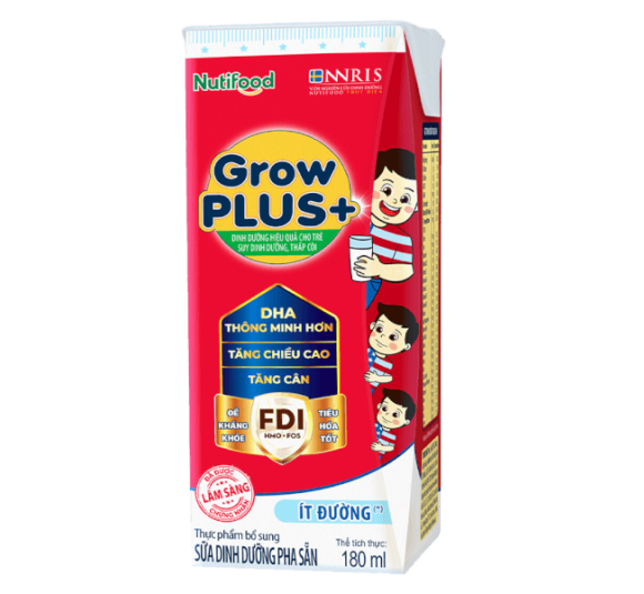Sữa GrowPLUS+ Đỏ ít đường 180ml (lốc 4 hộp) - NUTIFOOD