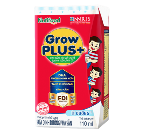Sữa GrowPLUS+ Đỏ ít đường 110ml (lốc 4 hộp) - NUTIFOOD
