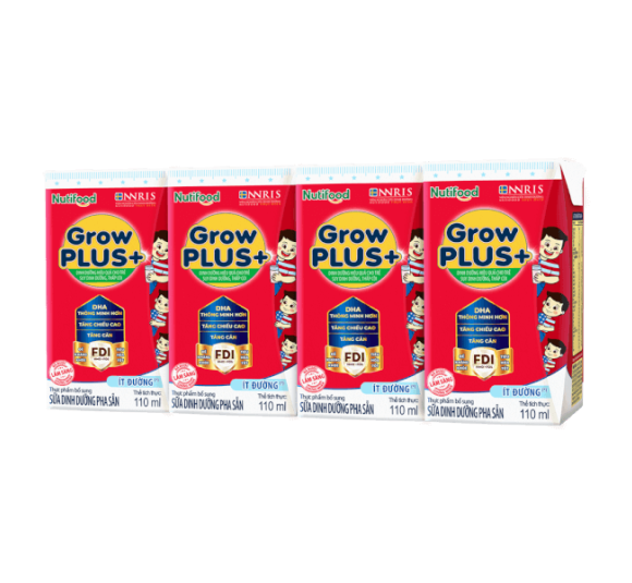 Sữa GrowPLUS+ Đỏ ít đường 110ml (lốc 4 hộp) - NUTIFOOD