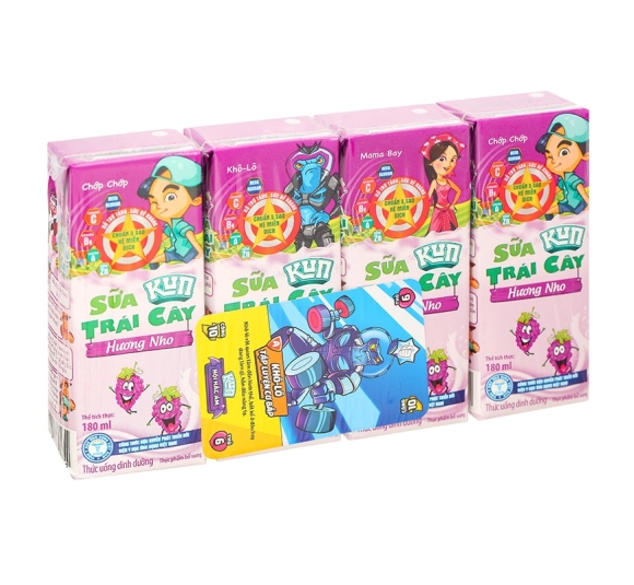 Lốc 4 hộp sữa trái cây Kun hương nho 180 ml (từ 2 tuổi)