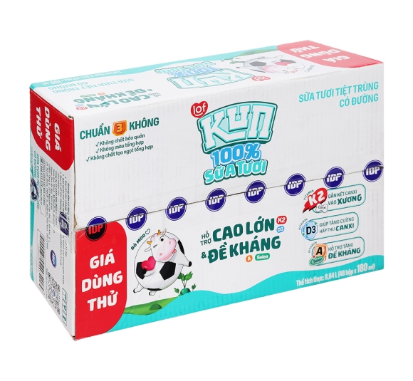 Sữa tươi tiệt trùng có đường Kun 100% Sữa tươi 180ml